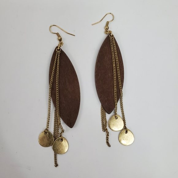 Wood & Gold Tone Dangle Earrings - Picture 3 of 5